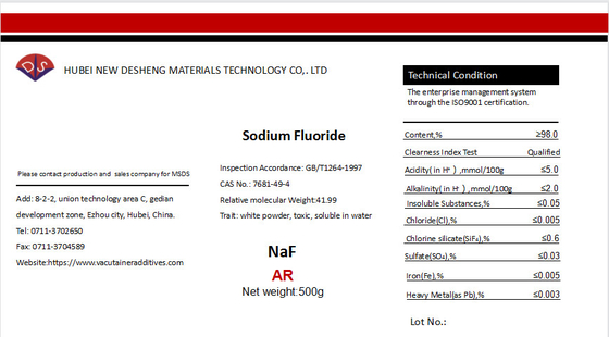 AR Grade Sodium Fluoride Powder / NaF Anticoagulant In Glucose Blood Collection Tube